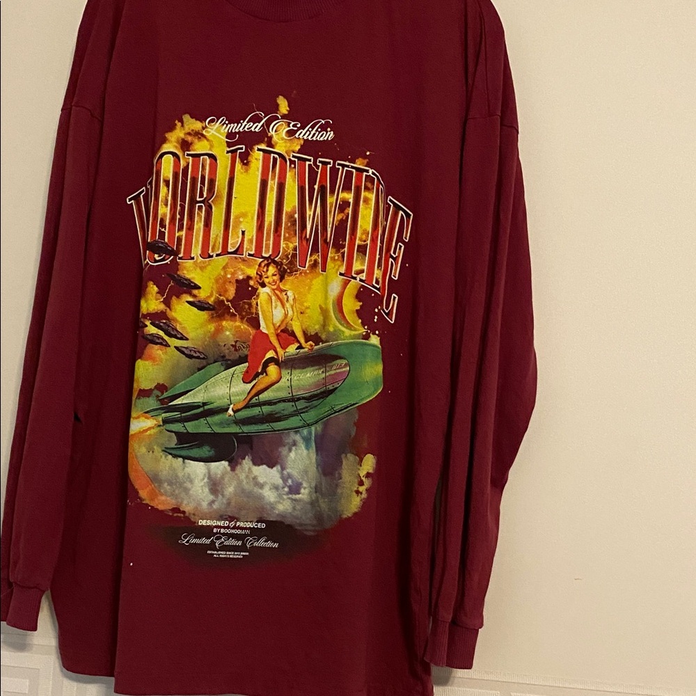 Maroon graphic Men's long sleeve tee BoohooMan